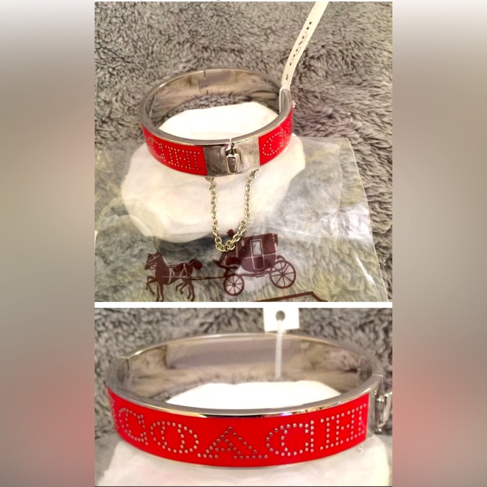 COACH HINGE BANGLE RED WITH SAFETY CHAIN